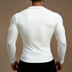 Men’s Athletic Pullover Top with V Neck Long Sleeves and Bold Stripe Design