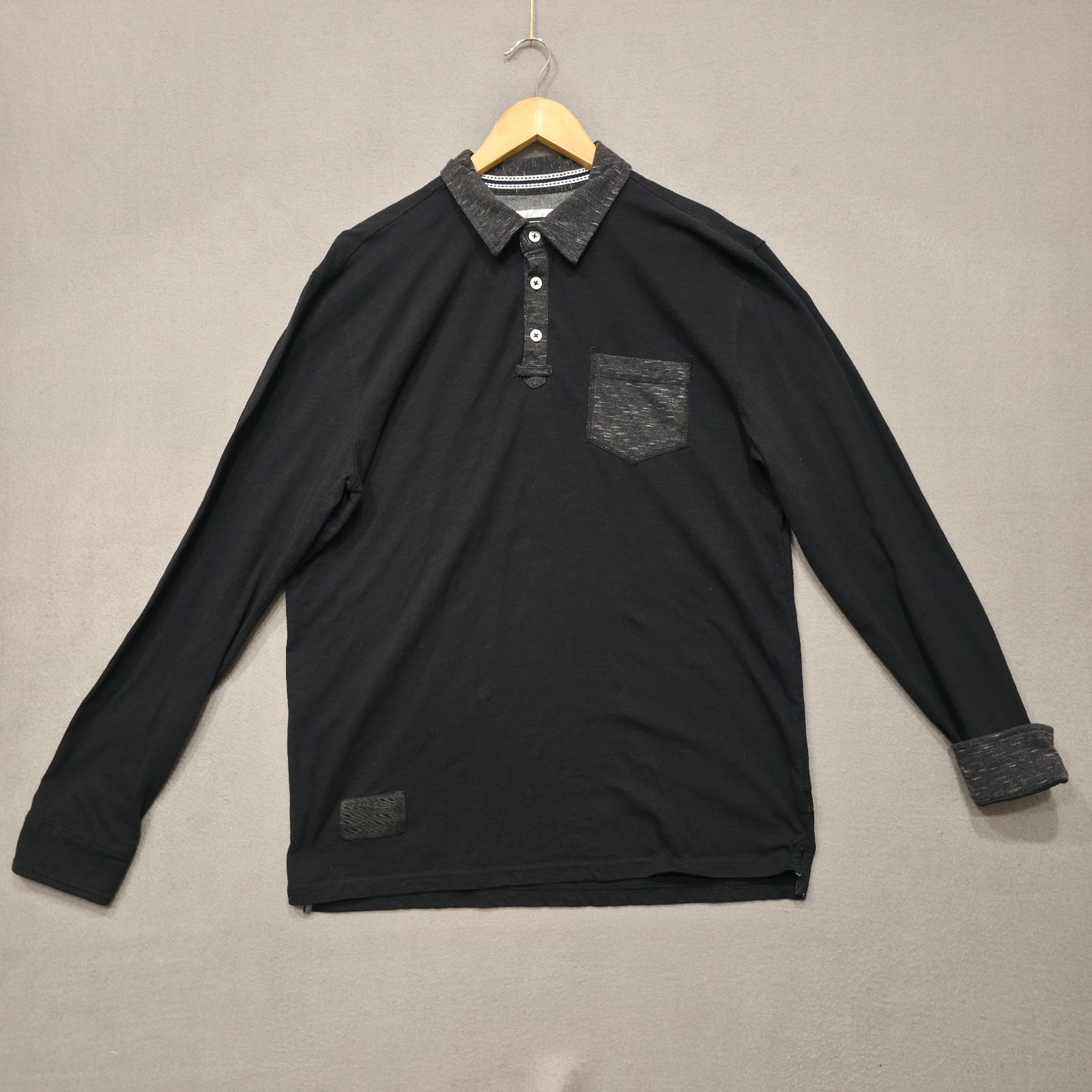 Zimego Mens Black Long Sleeve Pullover Quarter Button Flip Cuff Shirt Size Large gallery
