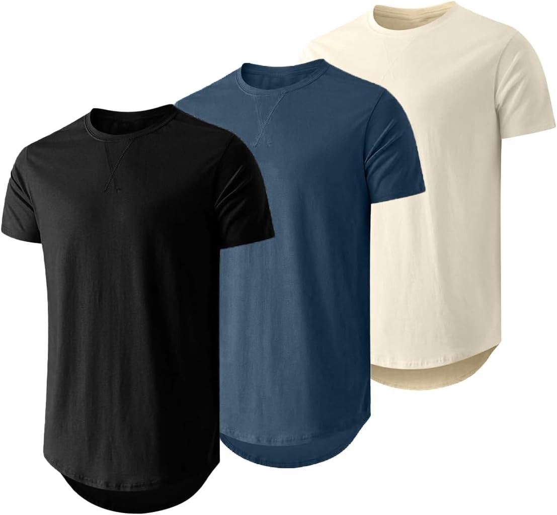 Mens 3 Pack Cotton Longline Crewneck T-Shirts Casual Hipster Fit Tee Set gallery
