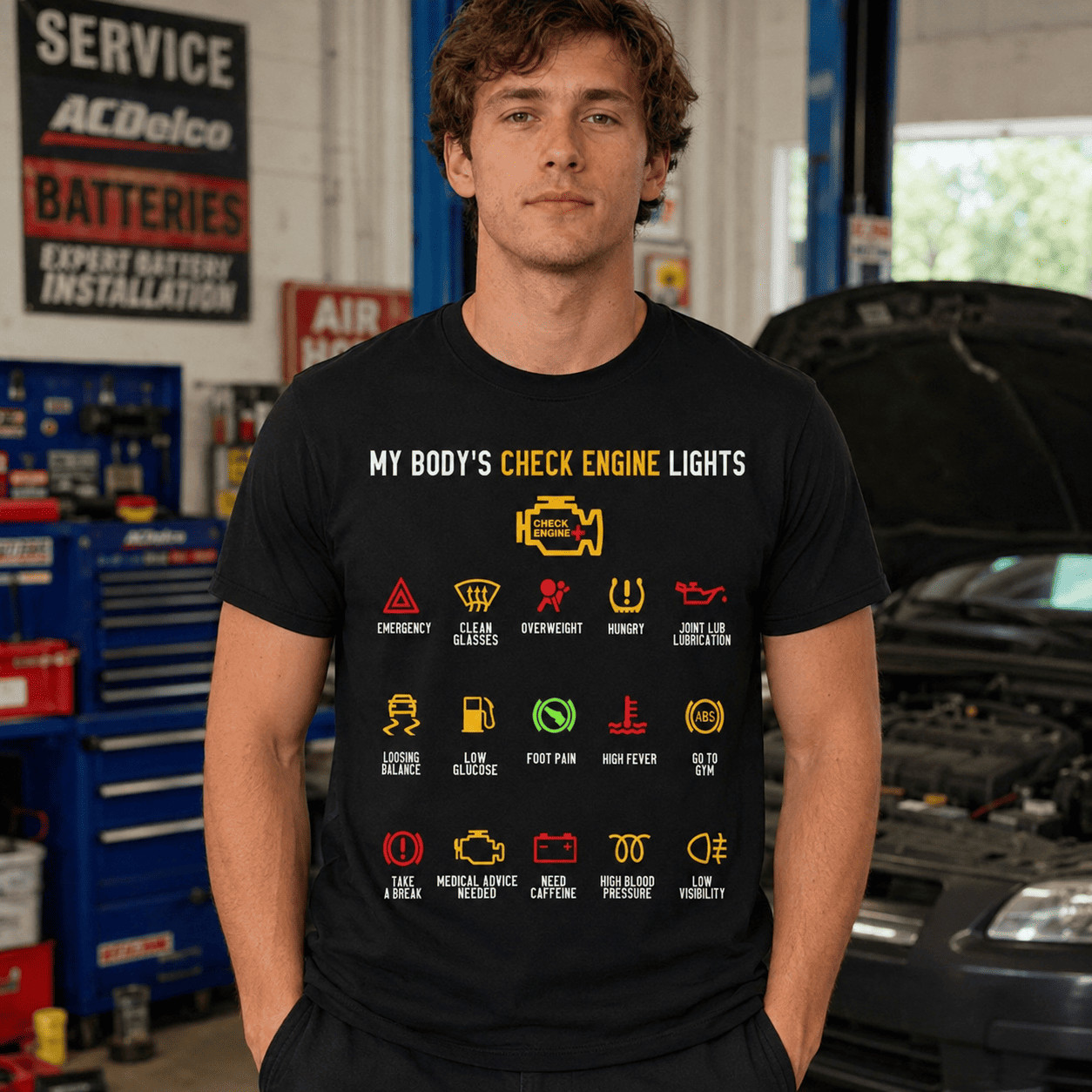 My Body's Check Engine Lights T-Shirt | Humorous Car Dashboard Graphic Tee gallery