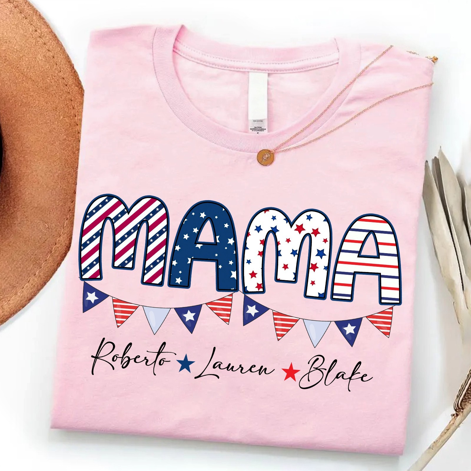 Personalized Mama Shirt Kids Name Patriotic Mother Gift 4th of July USA Flag Tee gallery