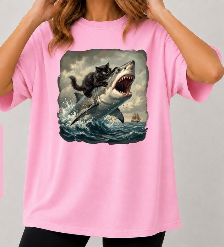 Black Cat Biting Shark Shirt, Funny Cat Lover Tshirt, Epic Graphic Tee gallery