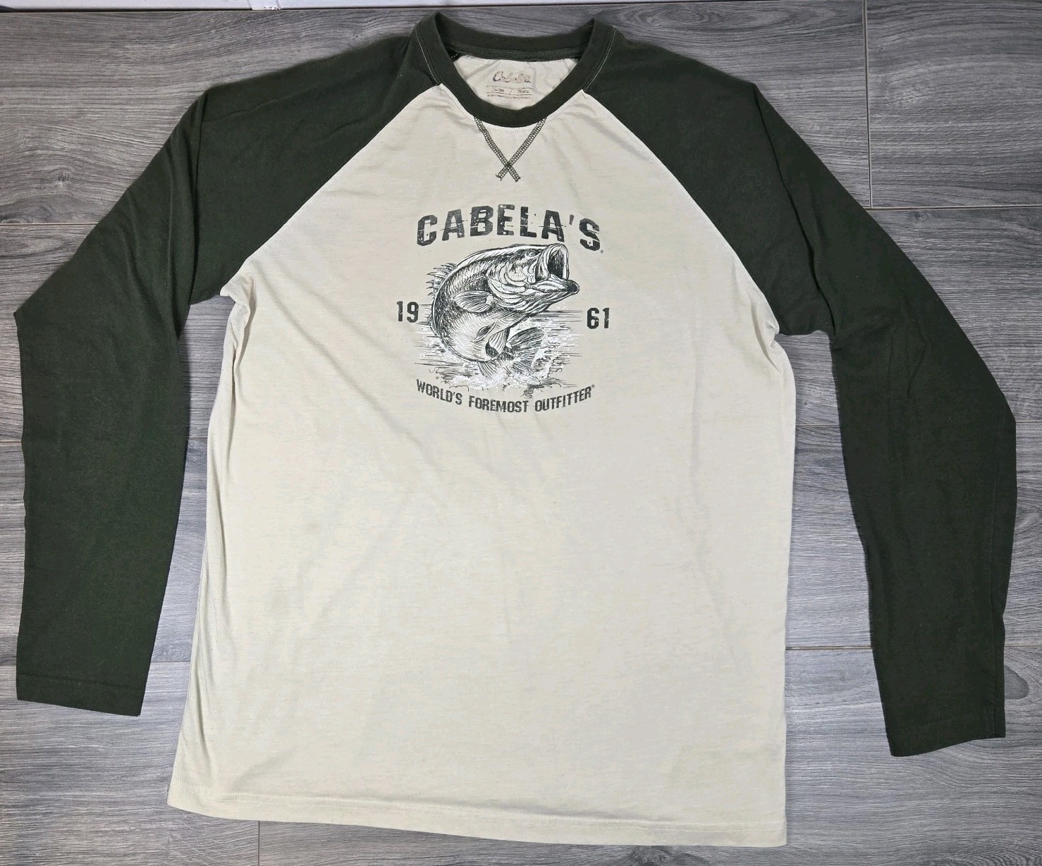 Cabelas Fish Shirt Mens XL Beige Long Sleeve T Flaws Stains