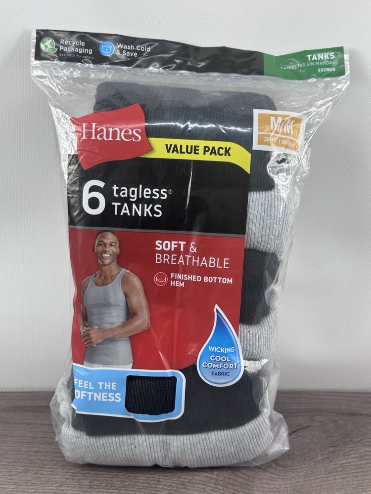 Hanes Mens Cool Comfort Tagless Tanks. Black Gray, Size Medium, 6 Pack.