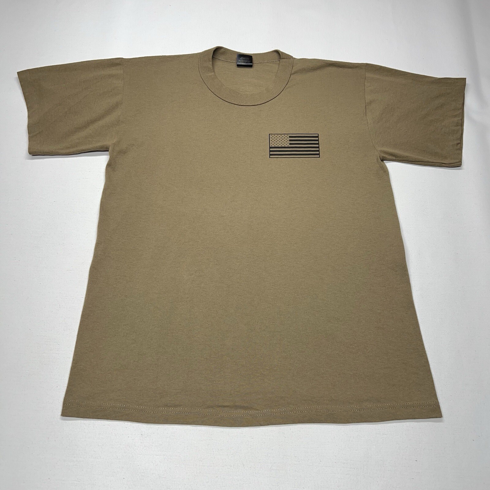 VTG Surplus Tee Shirt Mens Large Brown Military Gear Gun Flag Single Stitch USA gallery