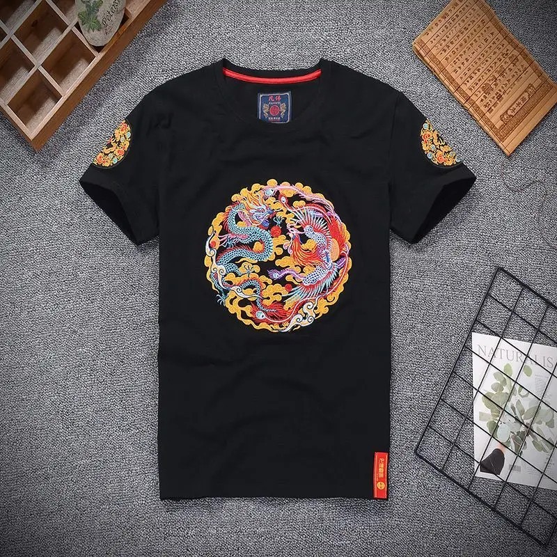 Men Dragon Phoenix Embroidered T-Shirt Chinese Style Short Sleeve Casual Top gallery