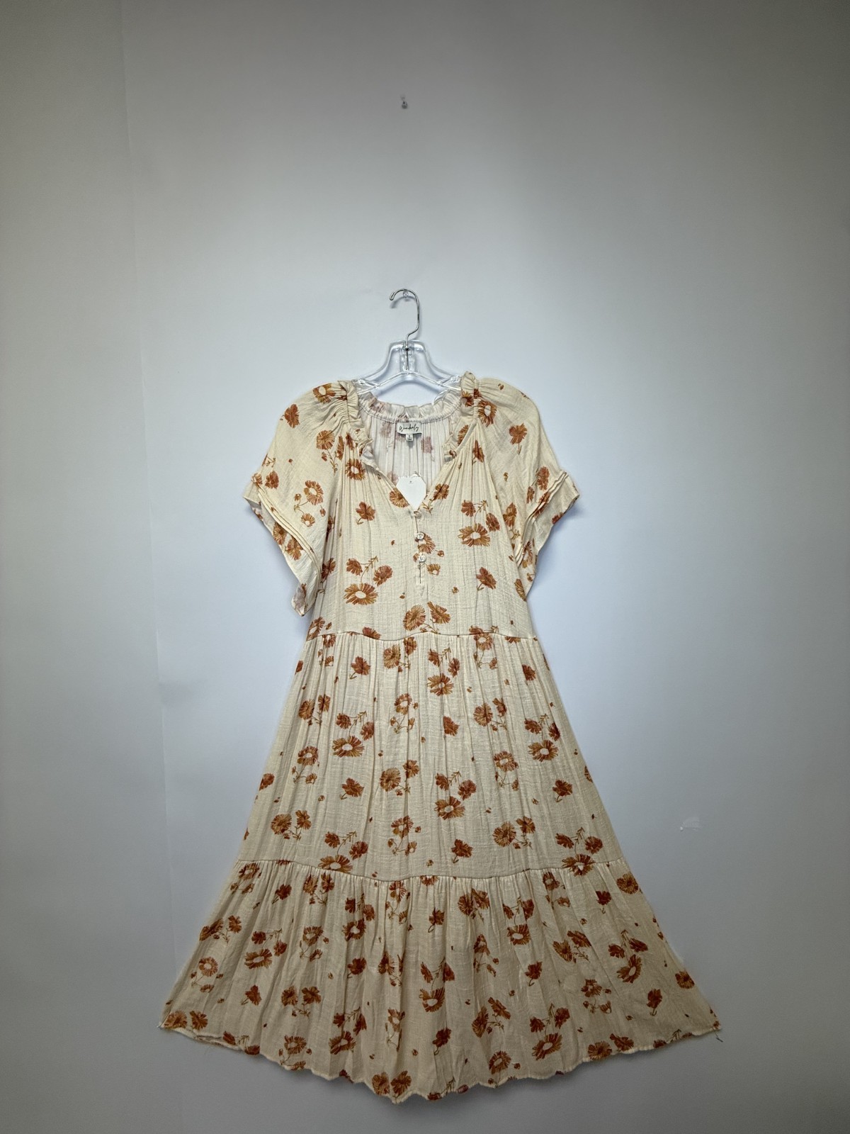 Wonderly Floral Tiered Midi Dress Cream Orange Daisy Print Short Sleeve NWT