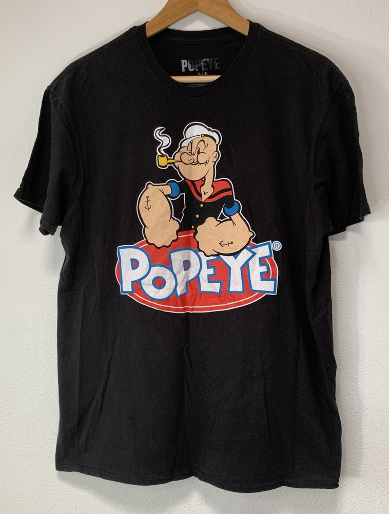 Vtg ⭐️Popeye Men’s L/G Black Graphic Logo Crew Neck S/s T-Shirt