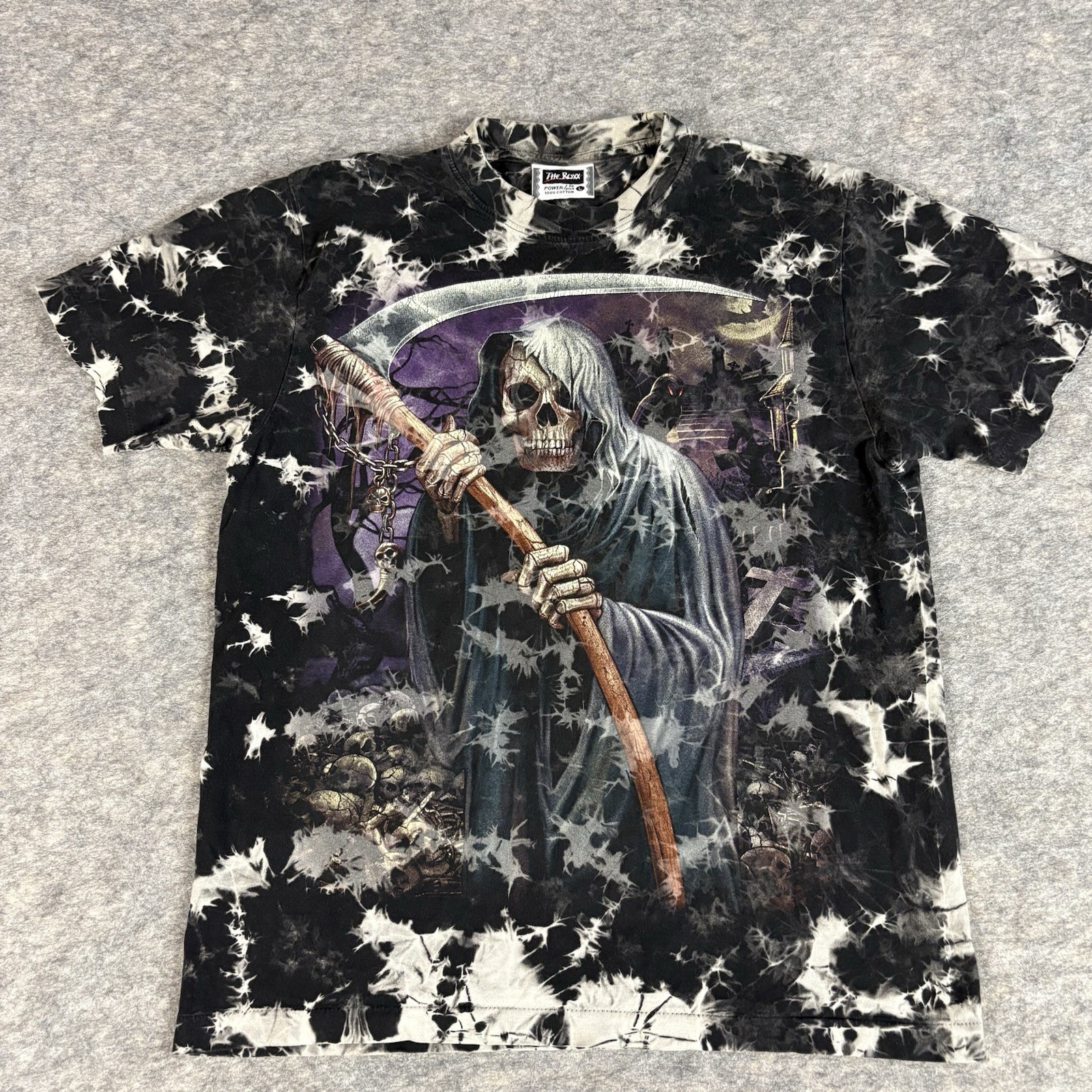 Vintage 90's The Roxx Grim Reaper Scythe Tie Dye T-Shirt Single Stitch Large gallery