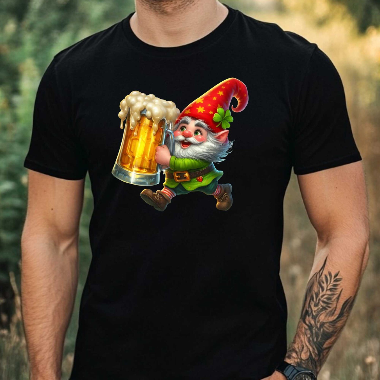 Mens Gnome Drinking Beer Motif Cotton T-Shirt Size XS to 5XL