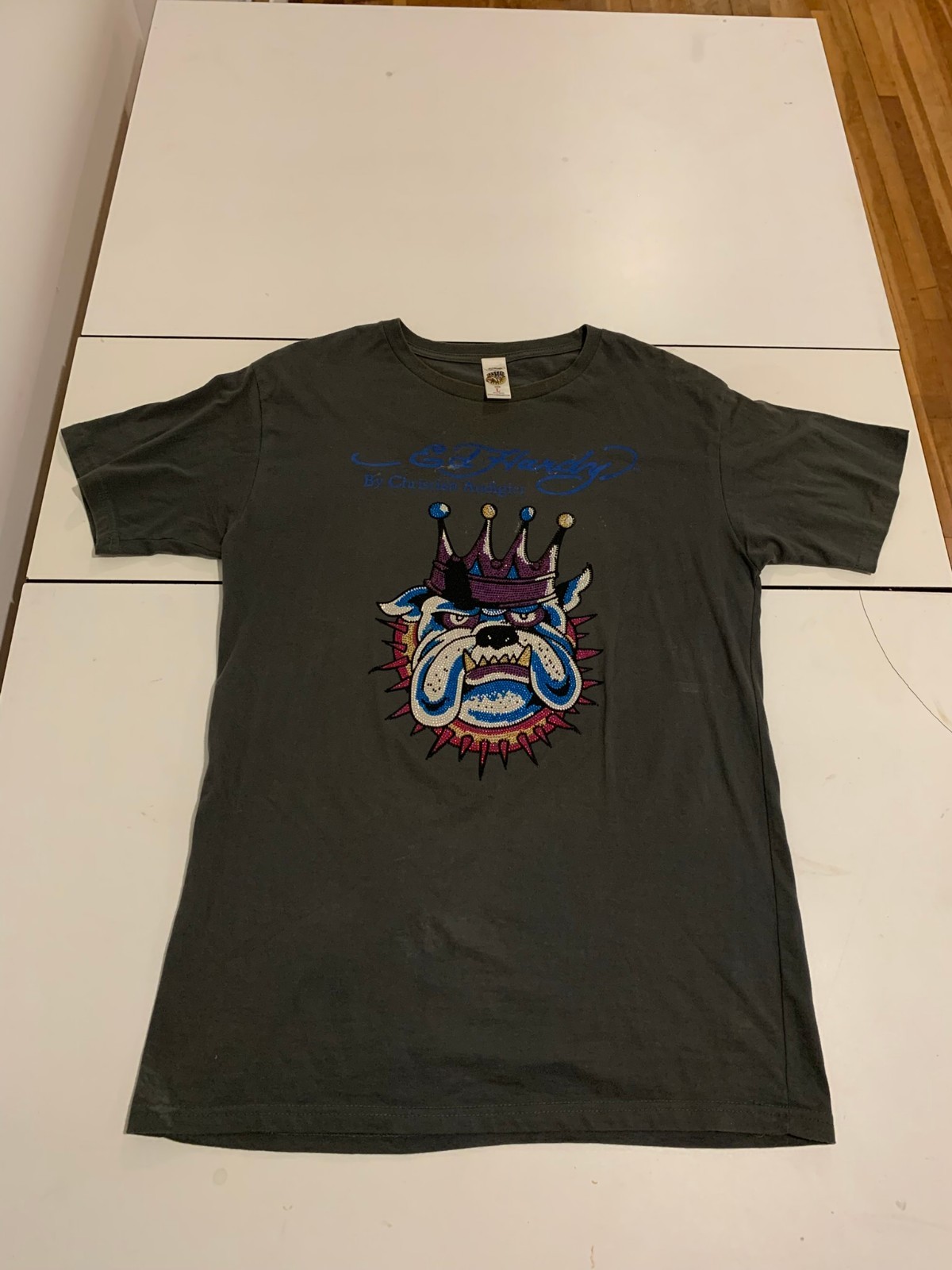 Vintage Ed Hardy Shirt Large Gray Bulldog Crown Tattoo Y2K Grunge Rock Punk Emo