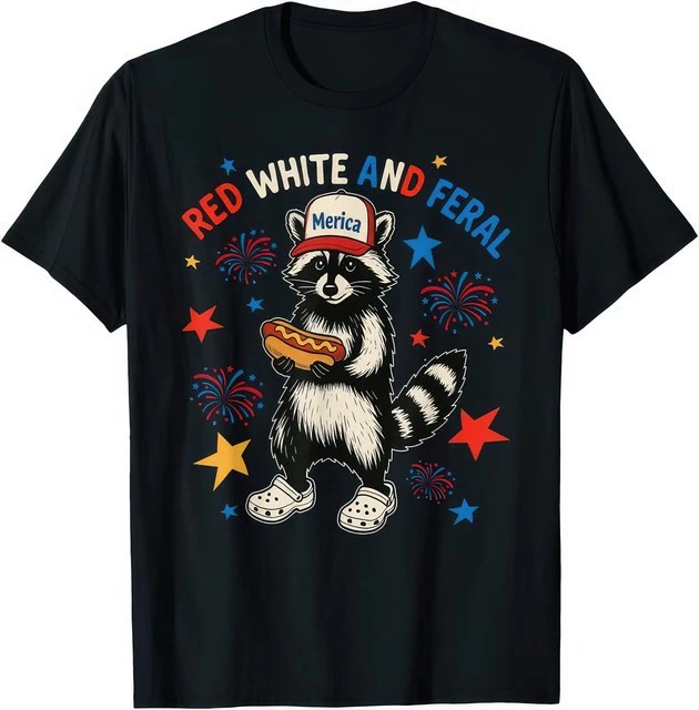 Red White And Feral America Raccoon Black T-Shirt