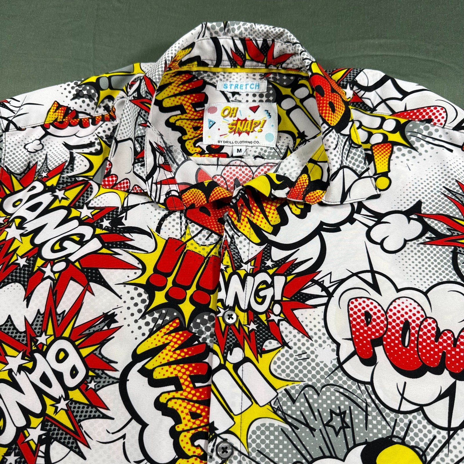 Oh Snap Drill Clothing Comic Pop Art Shirt Mens M Stretch Button Up Bang Pow gallery