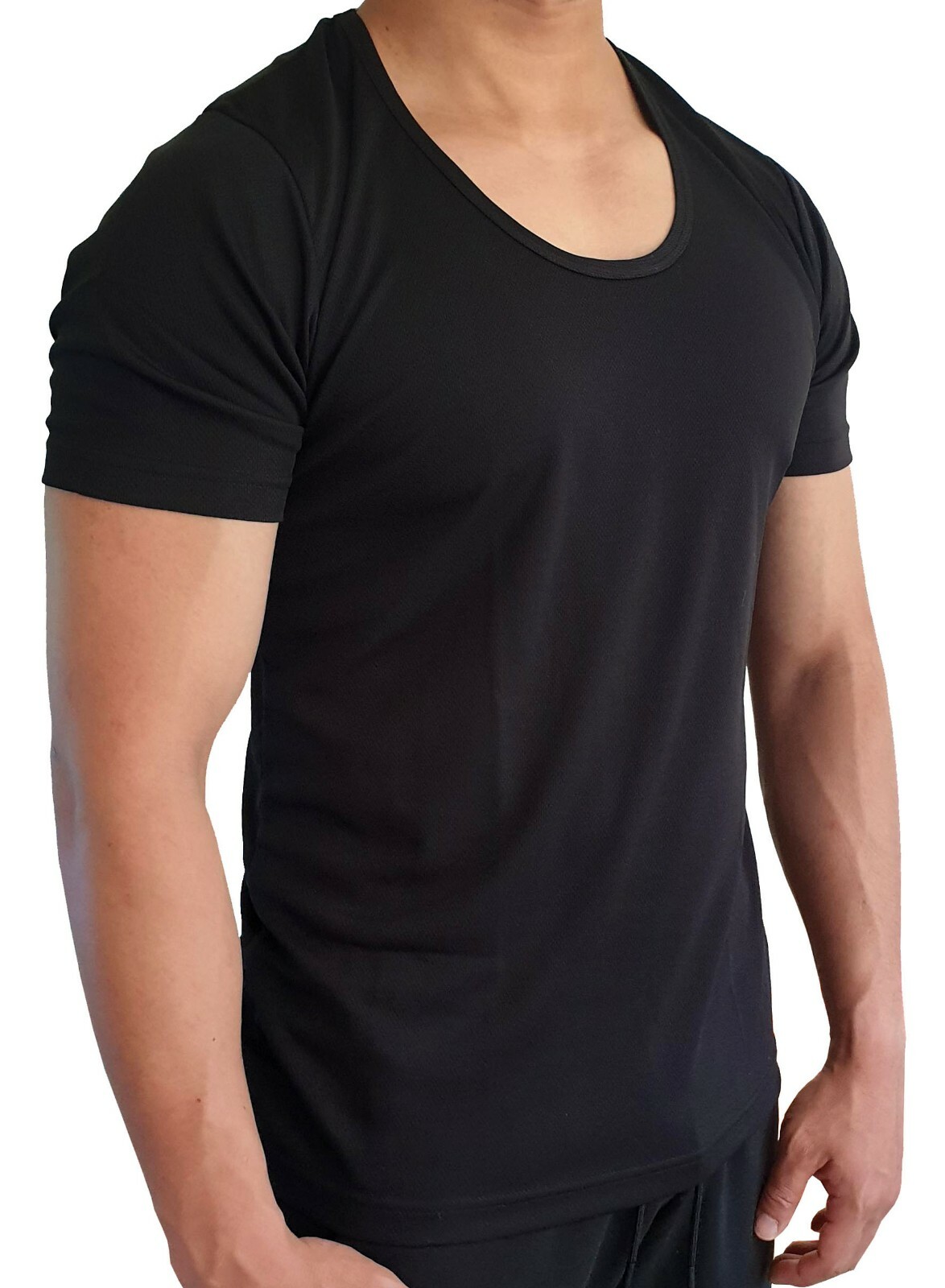 MENS SCOOP NECK T SHIRT QUICK DRY POLYESTER SLIM FIT S - XXL EURO CASUAL MUSCLE gallery