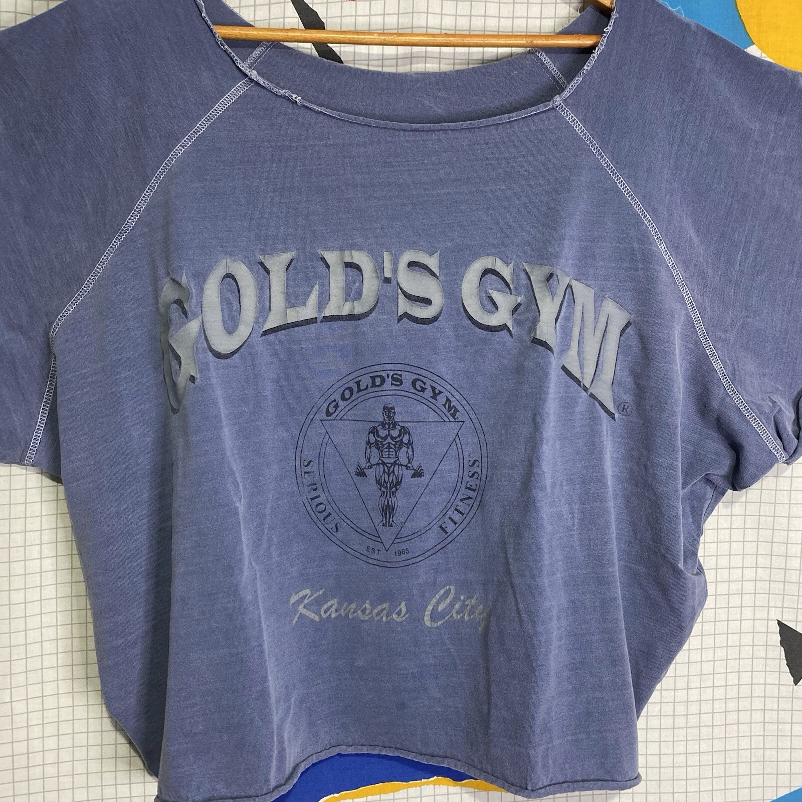 Vintage 80s Golds Gym Shirt XL Cut Off Boxy Crop Body Building Kansas City 90s gallery