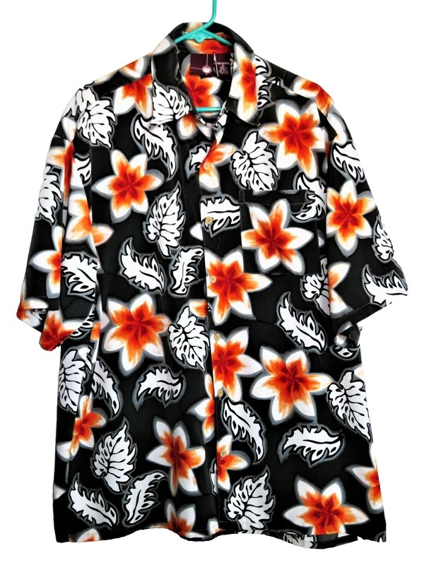 X9 Hawaiian Shirt Men’s Gray Black White Leaves Orange Flowers Fall Silk Feel XL