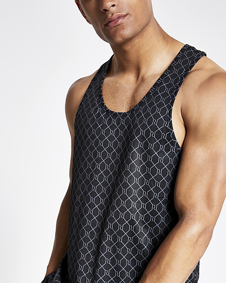 River Island Mens Black RI Monogram Racer Slim Fit Sleeveless Mesh T-shirt gallery