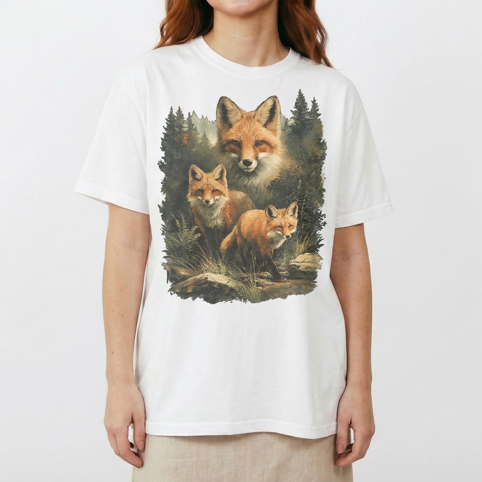 Red Fox Family Watercolor Splash Forest T-Shirt Wildlife Nature Lover Animal Tee gallery