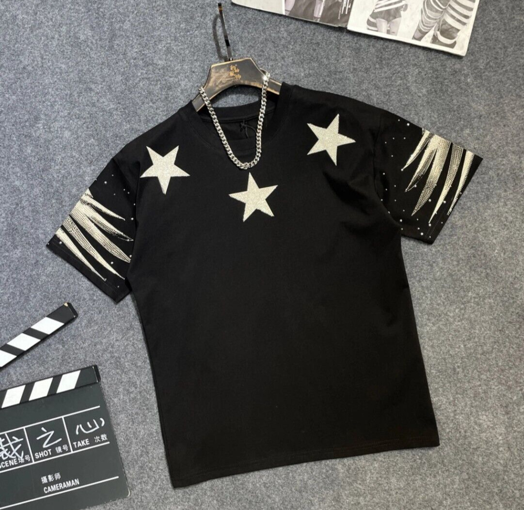 New Men Luxury Diamond Star Rhinestones Fashion Black T-Shirt High Quality gallery