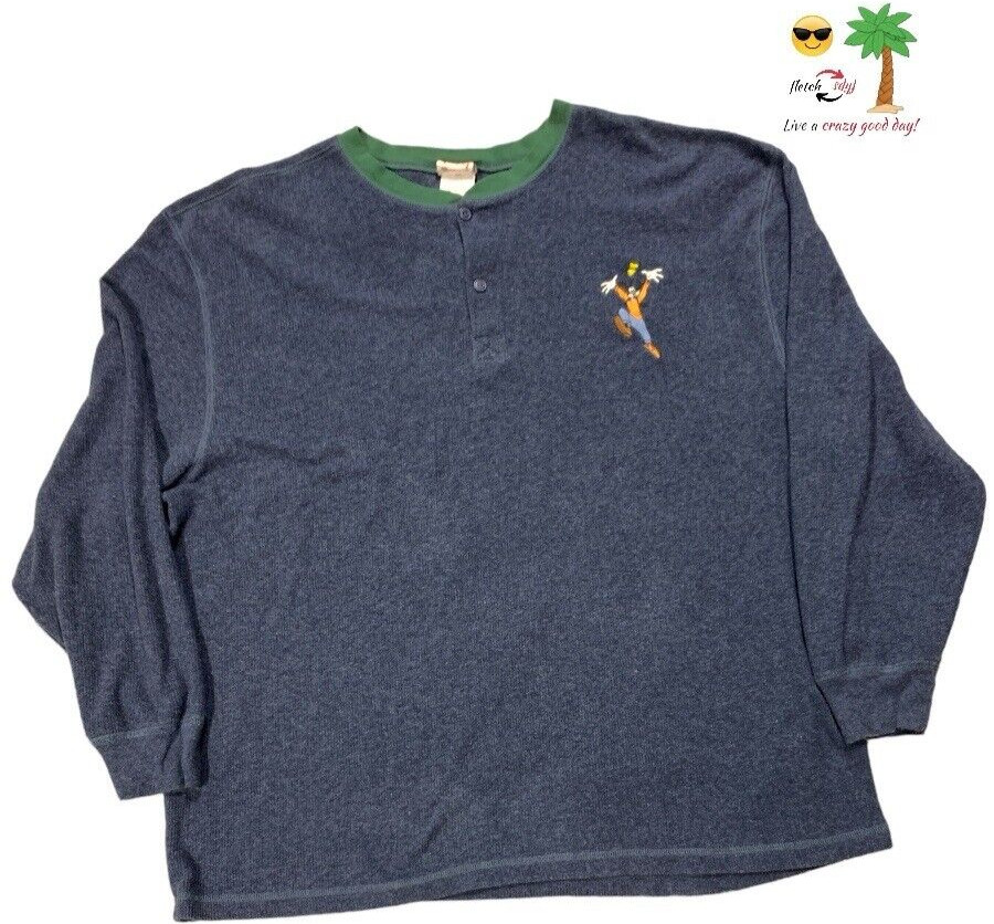 Disney Store Mens Blue Embroidered Goofy Thermal Long Sleeve Henley Shirt SZ XXL gallery