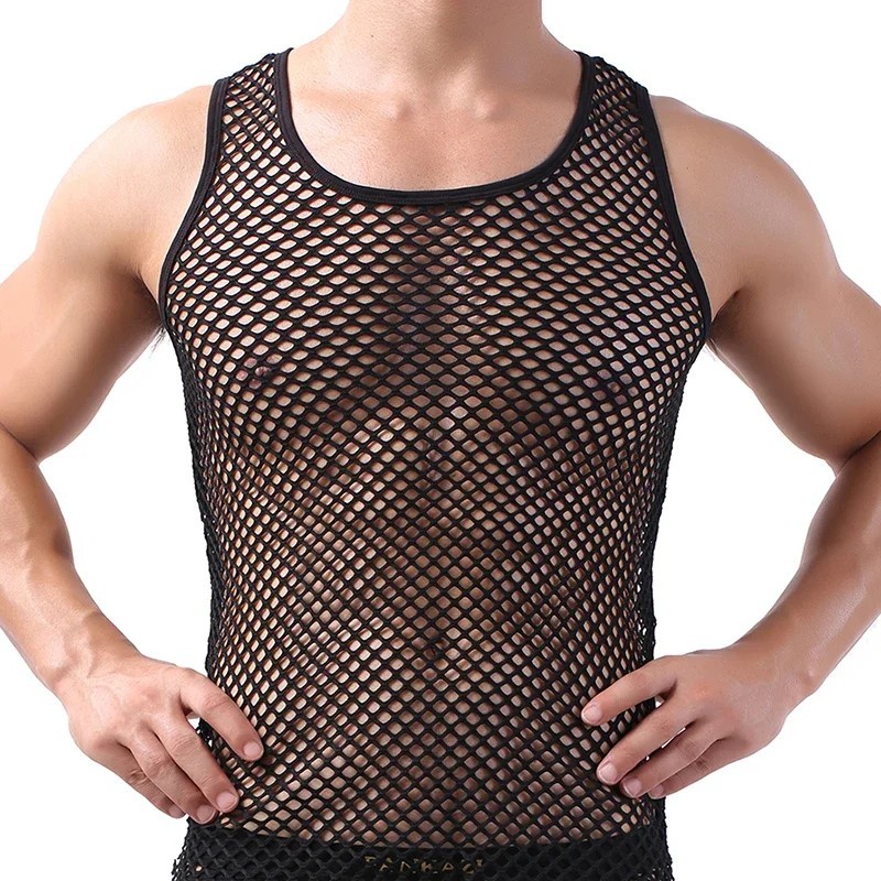 Men Lingerie Tank Top Mesh See Through Fishnet Vest T-Shirt Sleeveless Sport Top