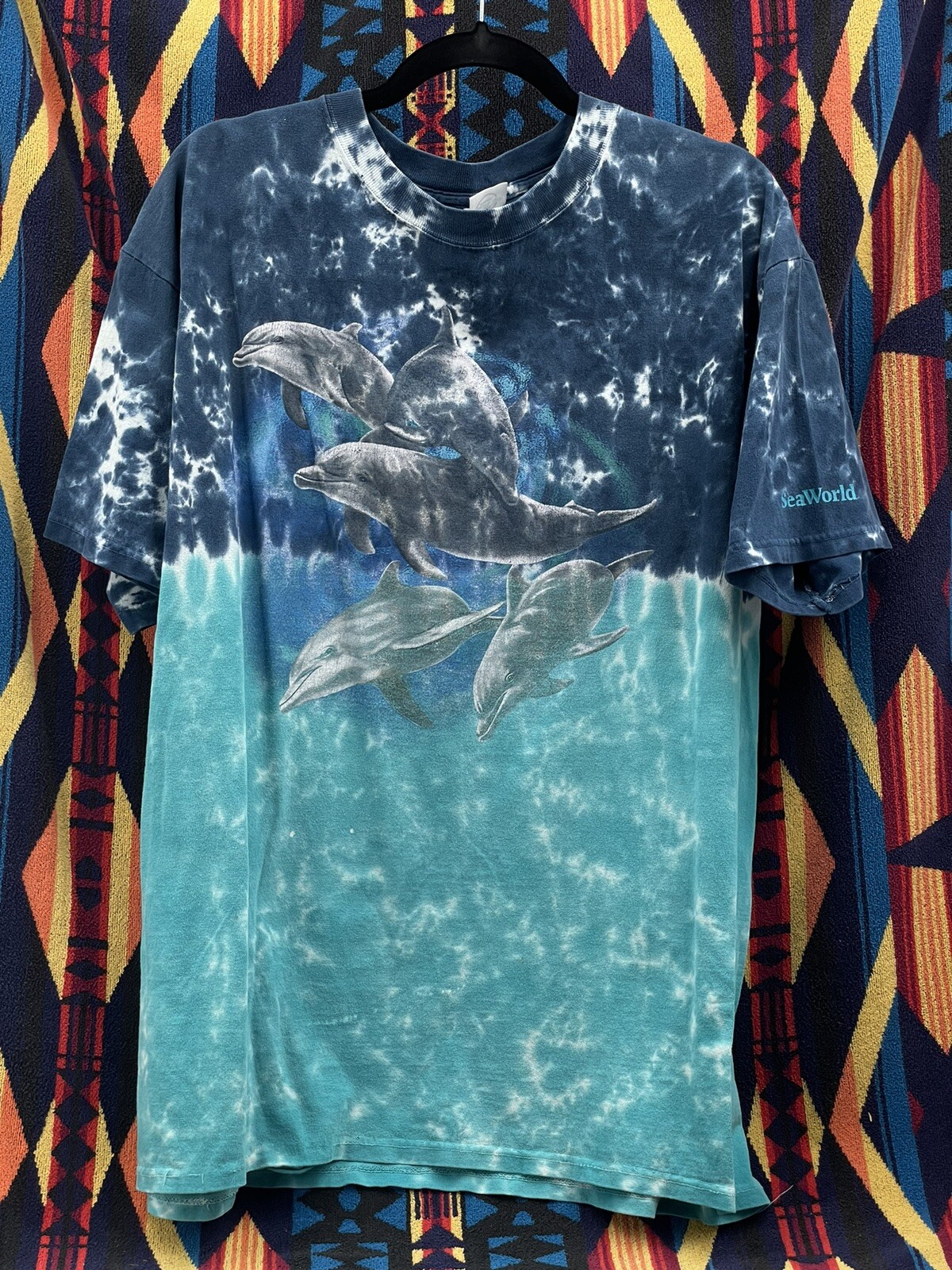 Vintage Sea World Dolphin Print Tie Dye TShirt Nature Tee Large Delta
