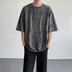 Men Retro Thin Short Sleeve Shirt Ripped Hollow Blouse American Style Tops Soft