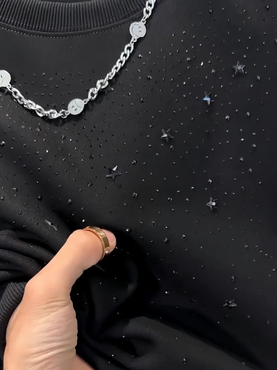 Men Fashion Luxury Trend Star Drills Rhinestone Diamond Black Streetwear T-Shirt gallery