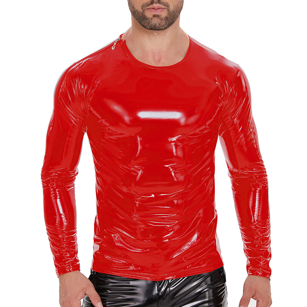 Men's Shiny Wet Look PVC Leather T-shirts Long Sleeve Night Club Party Slim Tops gallery