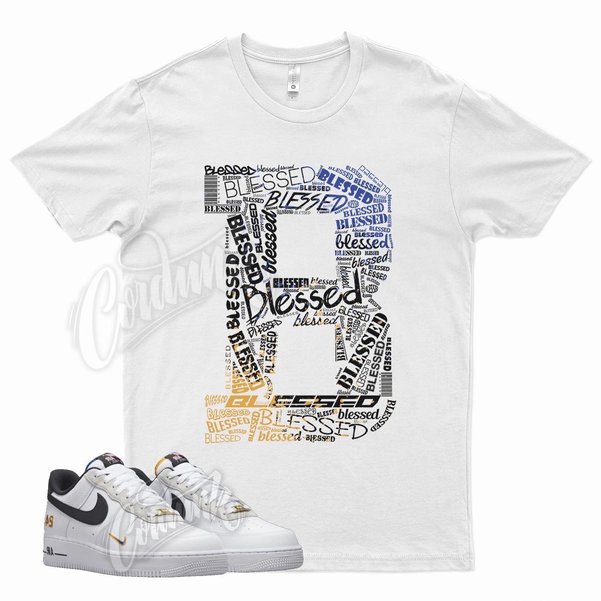 White BLESSED T Shirt for N Air Force 1 Ken Griffey Jr. And Sr. Blue Gold gallery