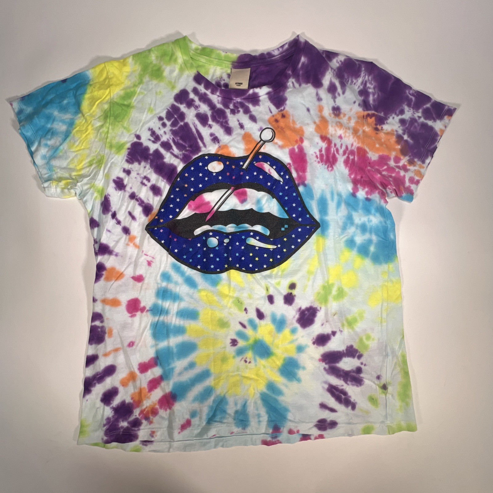 Herman Homme Pierced Lip Soft T-shirt Tie Dye XL Crew Neck Total Tiedye Pattern gallery