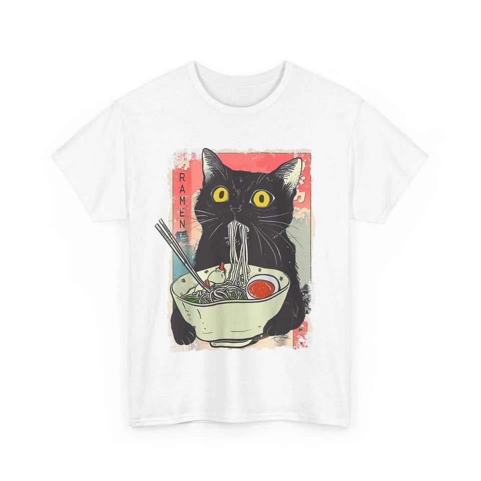 Funny Kawaii Cat Ramen Noodle Graphic T-Shirt Japanese Style Tee
