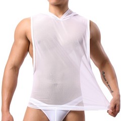 Mens Mesh Loose See-through Workout Vests Tank Tops Hooded Sleeveless T-Shirts