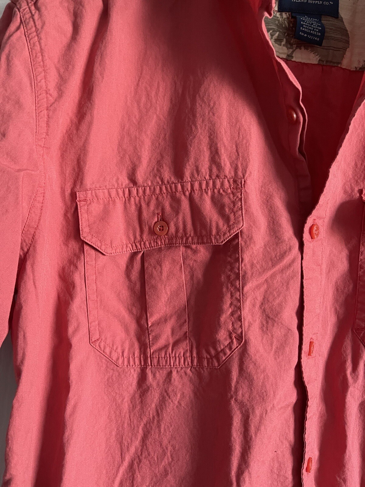 Caribbean Joe Men's L Short Sleeve Shirt Collared Button Up Cotton Pockets Coral gallery