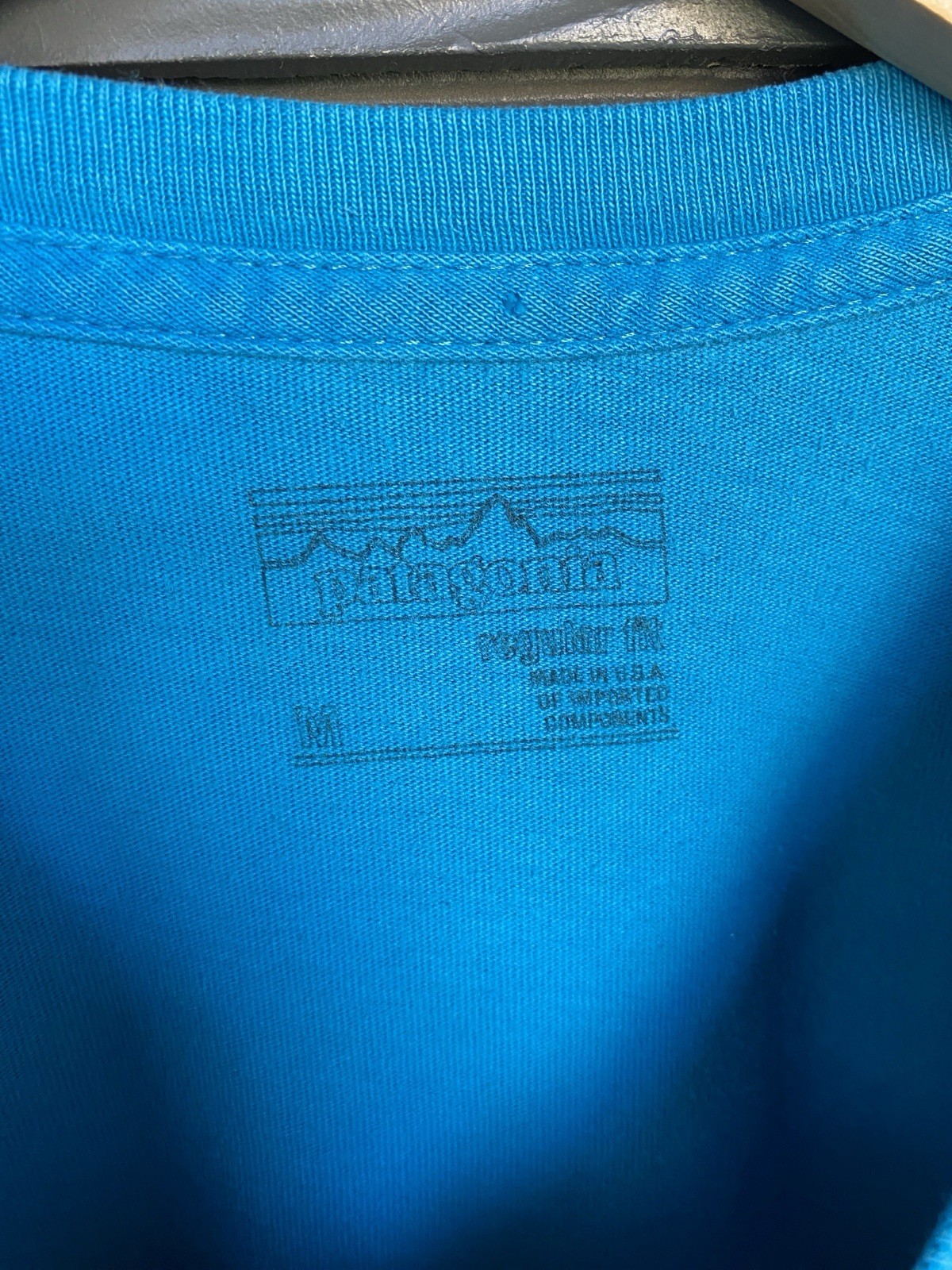 Patagonia T Shirt Sz M Blue “LIVE SIMPLY” Mountains Graphic Regular Fit USA Made gallery