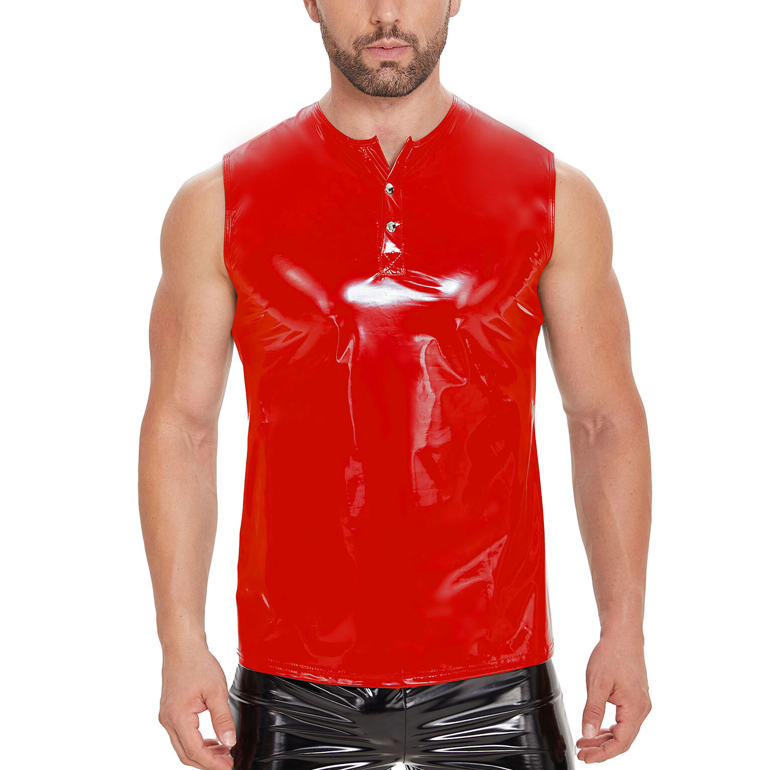 Black/Red Men Wet Look PVC Leather Tank Tops Nightclub Sleeveless T-shirts Vests gallery