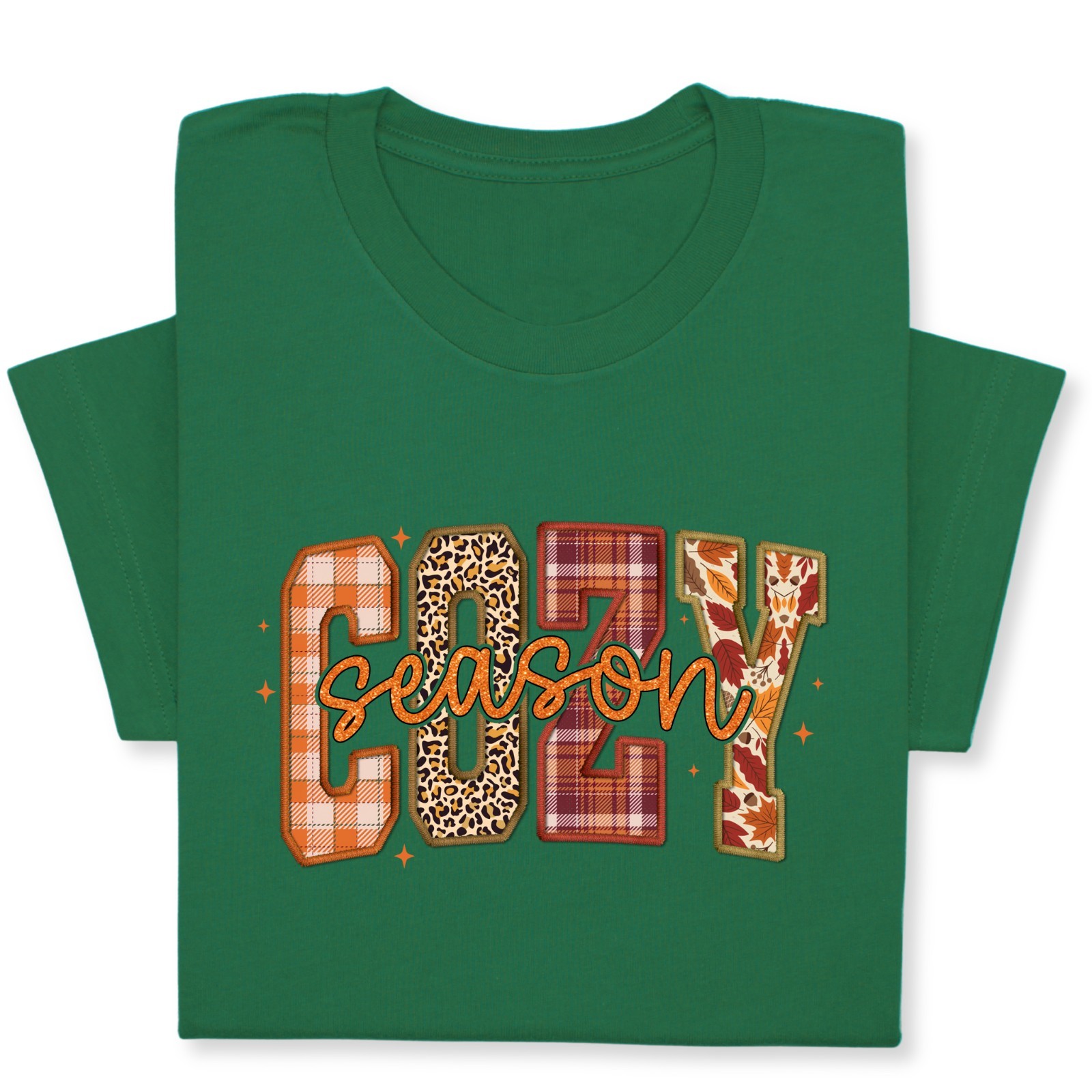 Cozy Season Fall T-Shirt – Autumn Plaid & Leopard Patchwork Tee gallery