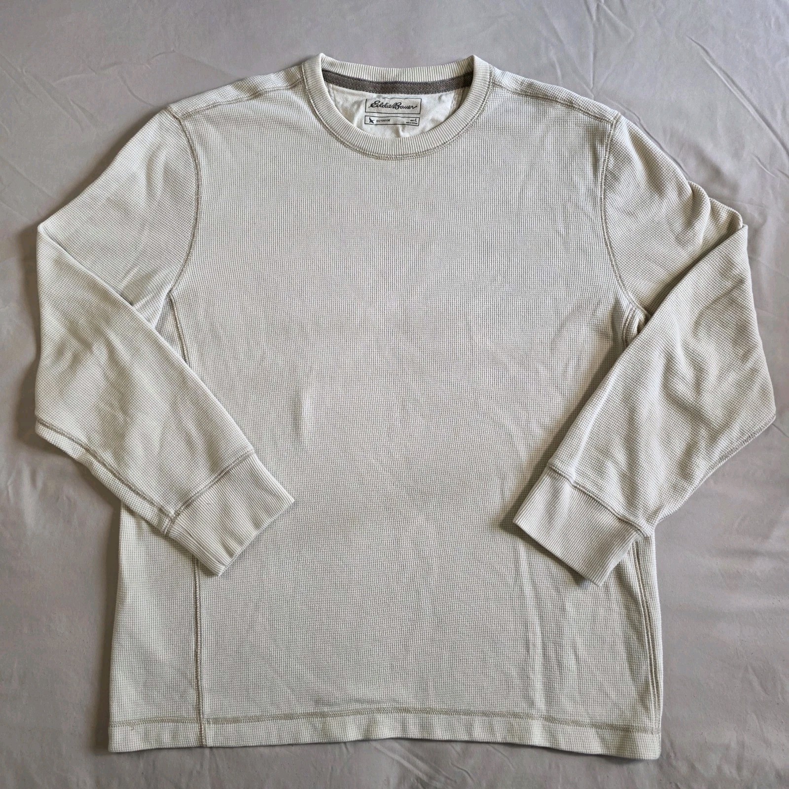 Eddie Bauer Mens Shirt L Cream Waffle Knit Thermal Long Sleeve Crew Neck Casual