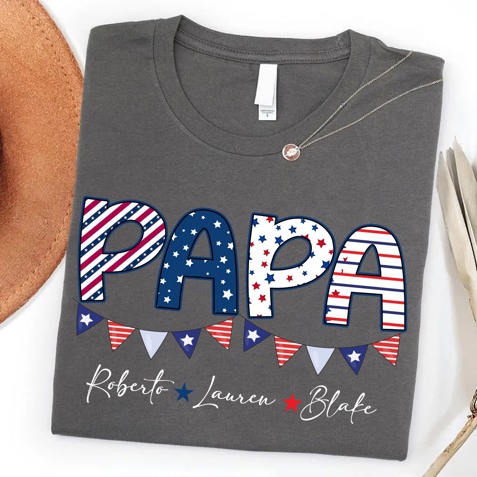 Personalized Papa Shirt Kids Names Patriotic Father's Day Gift 4th of July Tee gallery