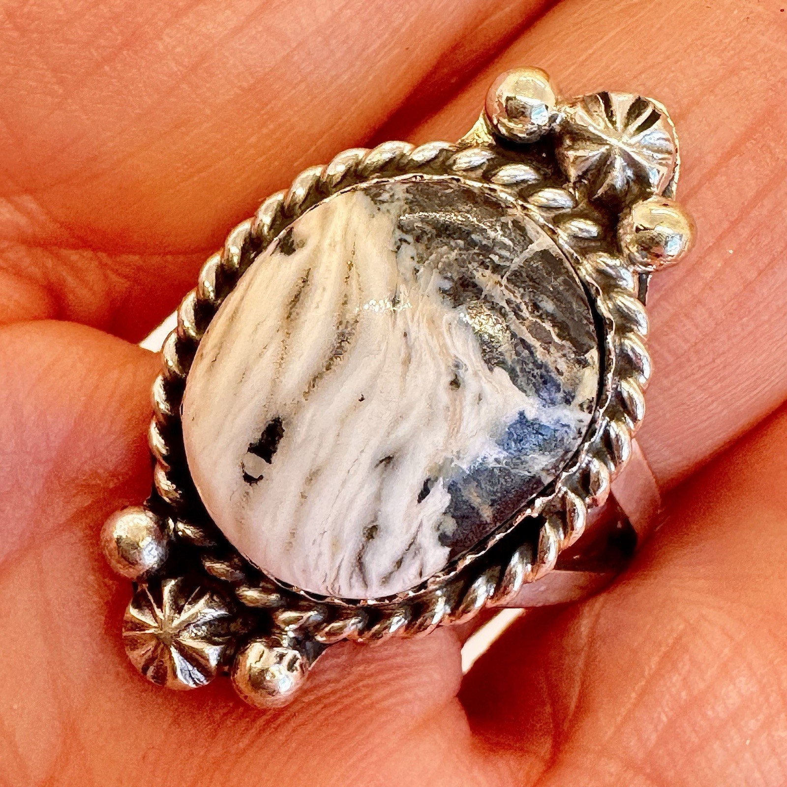 Navajo White Buffalo Turquoise Ring Size 8.5 Sterling Silver Signed R 7.g Native