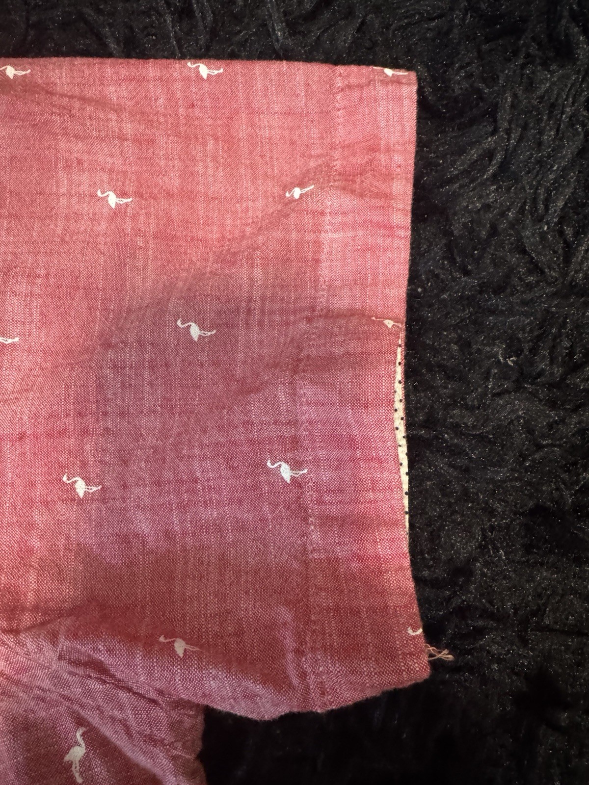 Denim & Flower red shirt with white bird-like figures, size L gallery