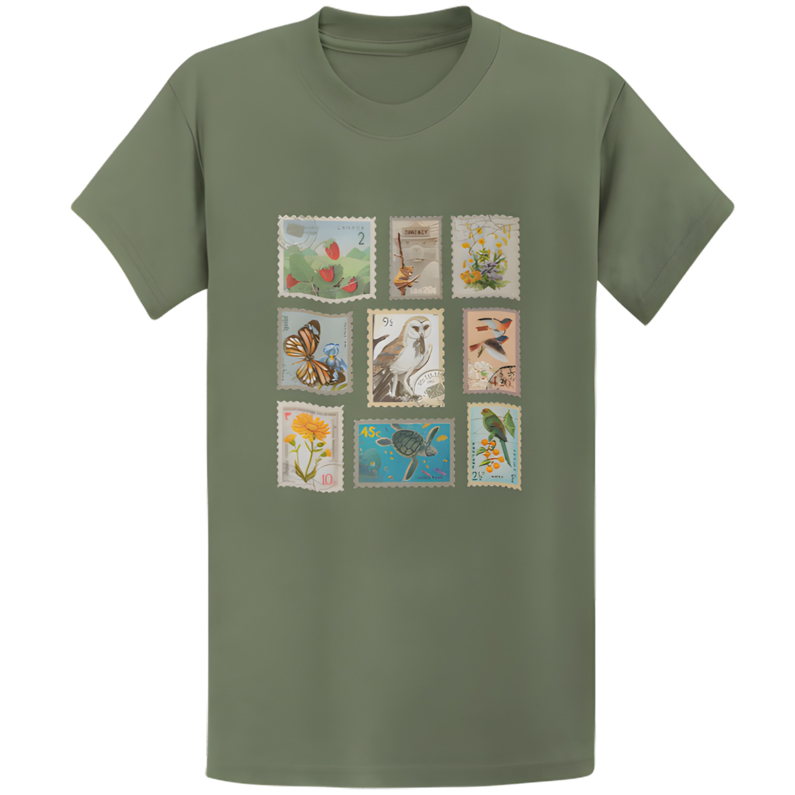 Gildan 5000 Vintage Wildlife Botanical Stamp Collage T-Shirt - Retro Gift Tee gallery