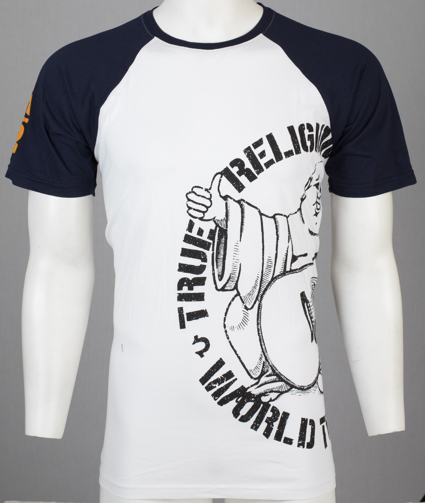 $79 TRUE RELIGION White Navy PART BUDDHA Short Sleeve Designer Raglan T-shirt gallery