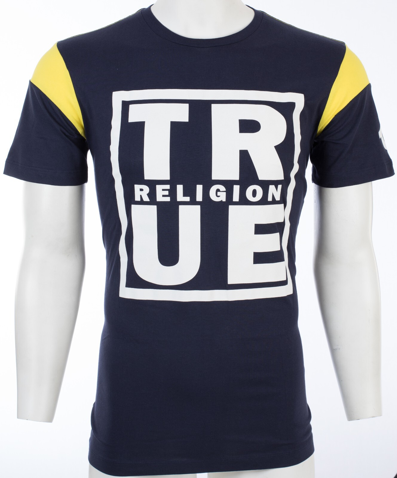 $79 TRUE RELIGION Navy SQUARE FOOTBALL Short Sleeve Designer Graphic T-shirt NWT gallery