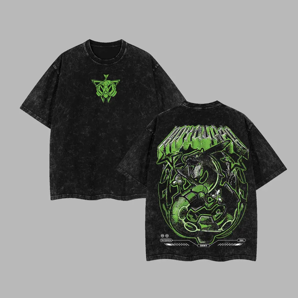 Wearova Rayquaza Shiny Green Retro Unisex Acid Washed T-Shirt, Pocket Monster gallery