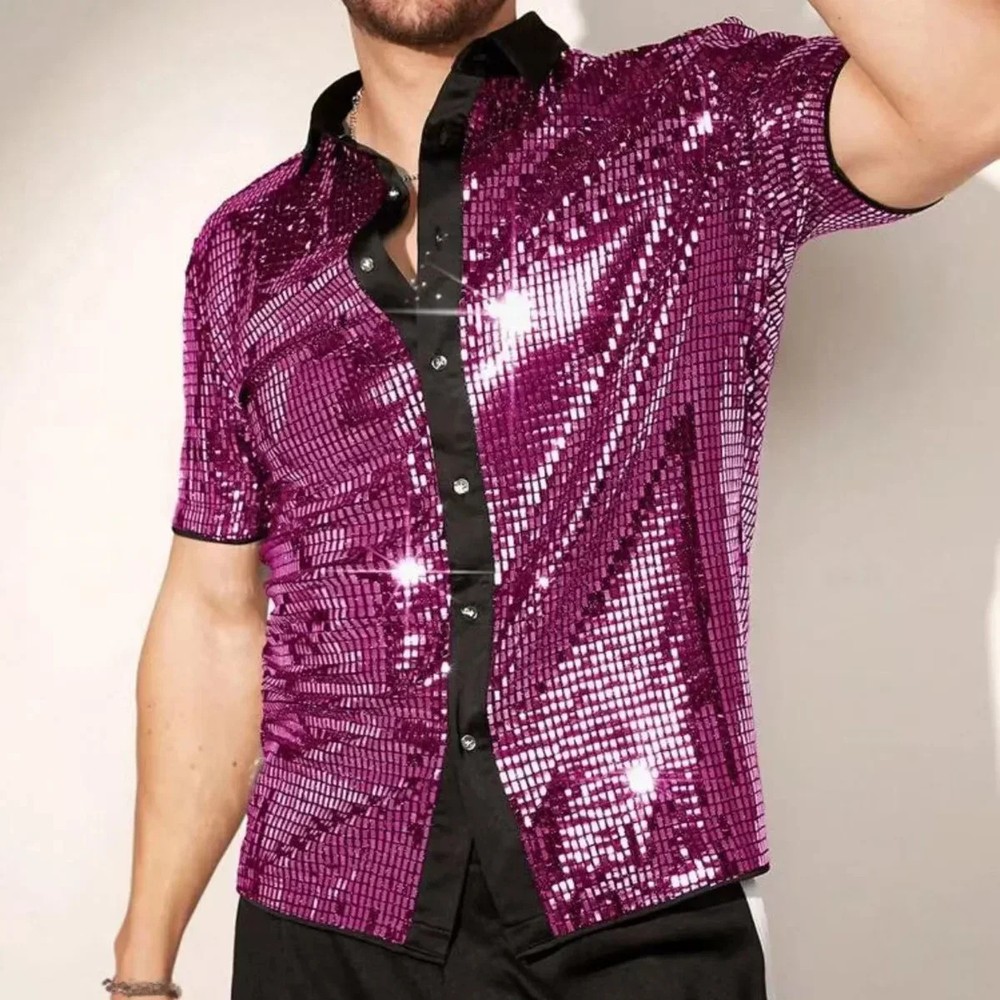 Men’s Silver Metallic Sequins Glitter Shirt Summer Breathable Sparkling Short Sl