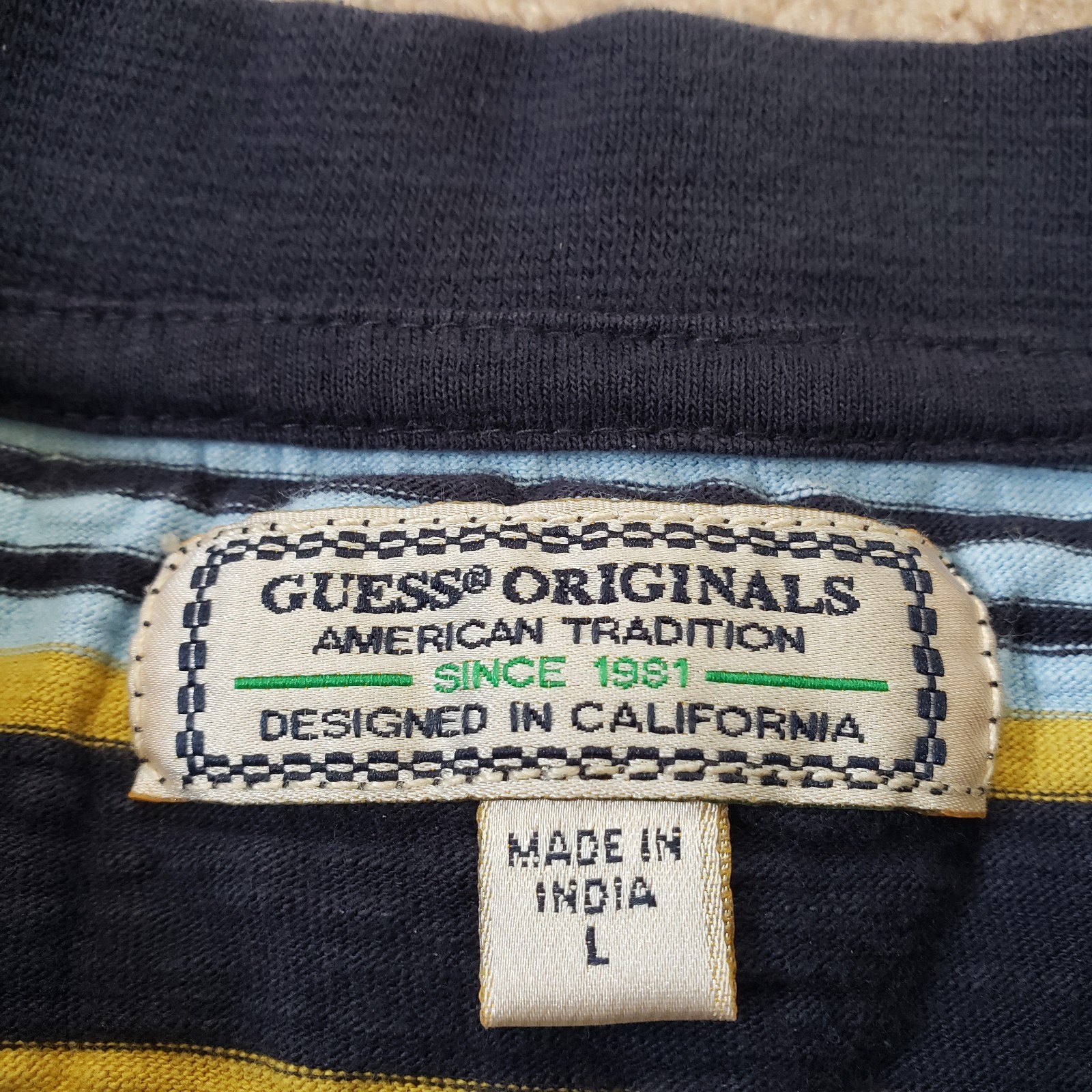 Vintage 90s Guess Embroidered Striped Size Large Mens Multicolored T-Shirt LA gallery