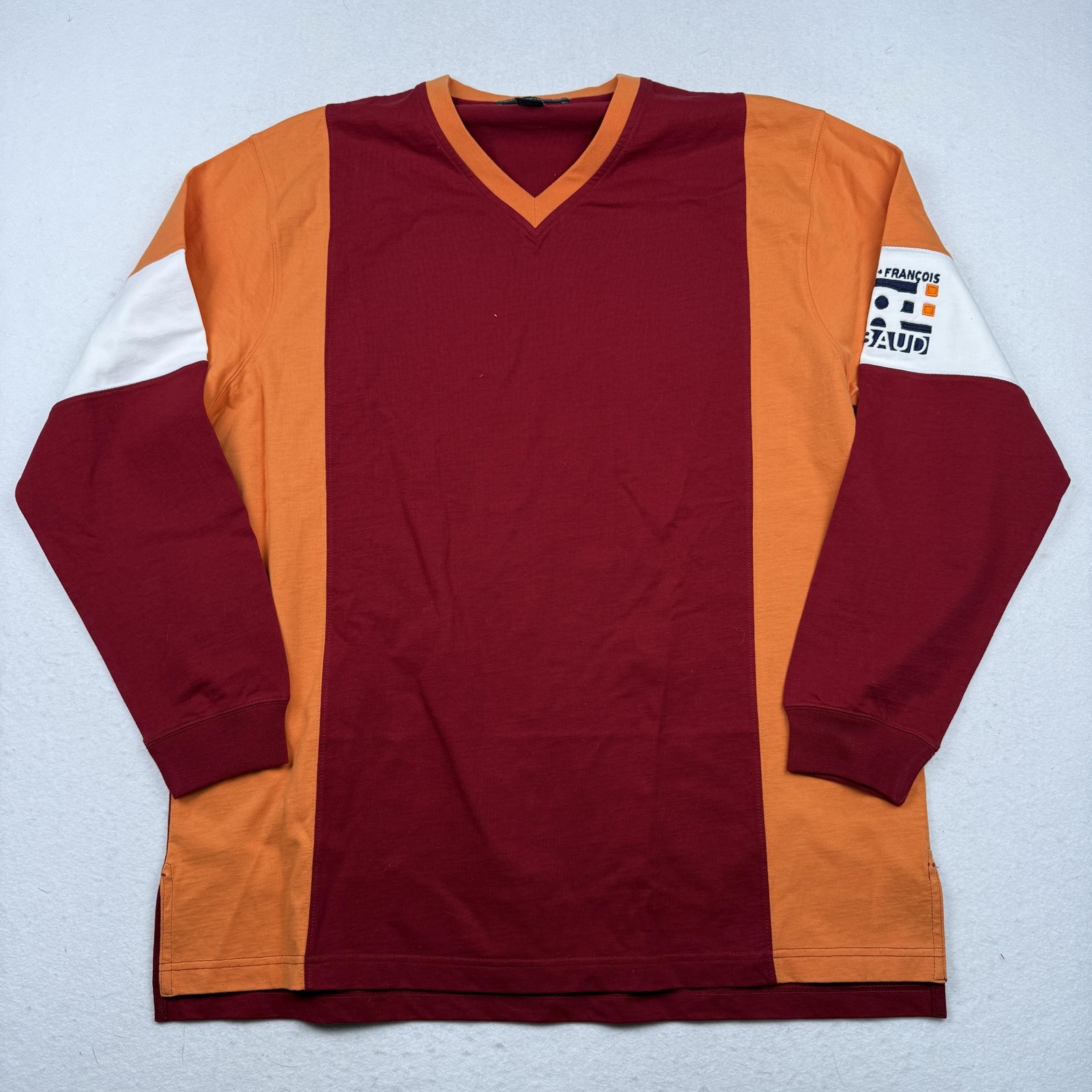 Marithe Francois Girbaud Shirt Mens Medium Burgundy Orange V Neck Long Sleeve