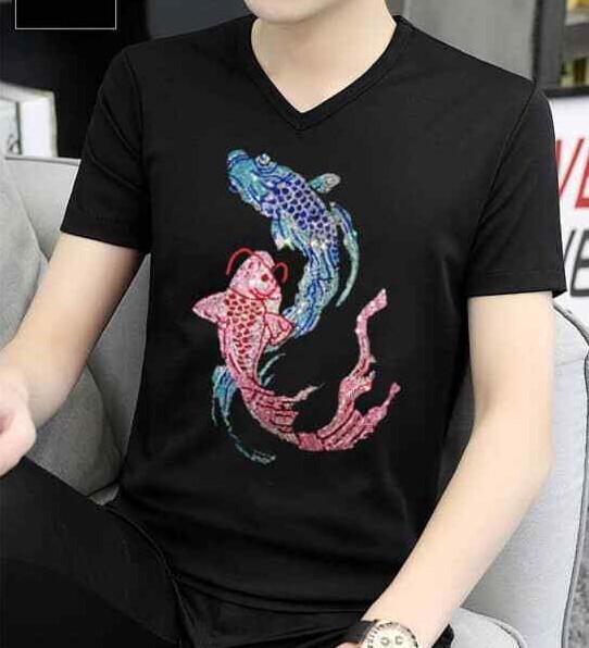 New Men Fashion V-Neck Diamond Fish Rhinestones Luxury Black T-Shirt