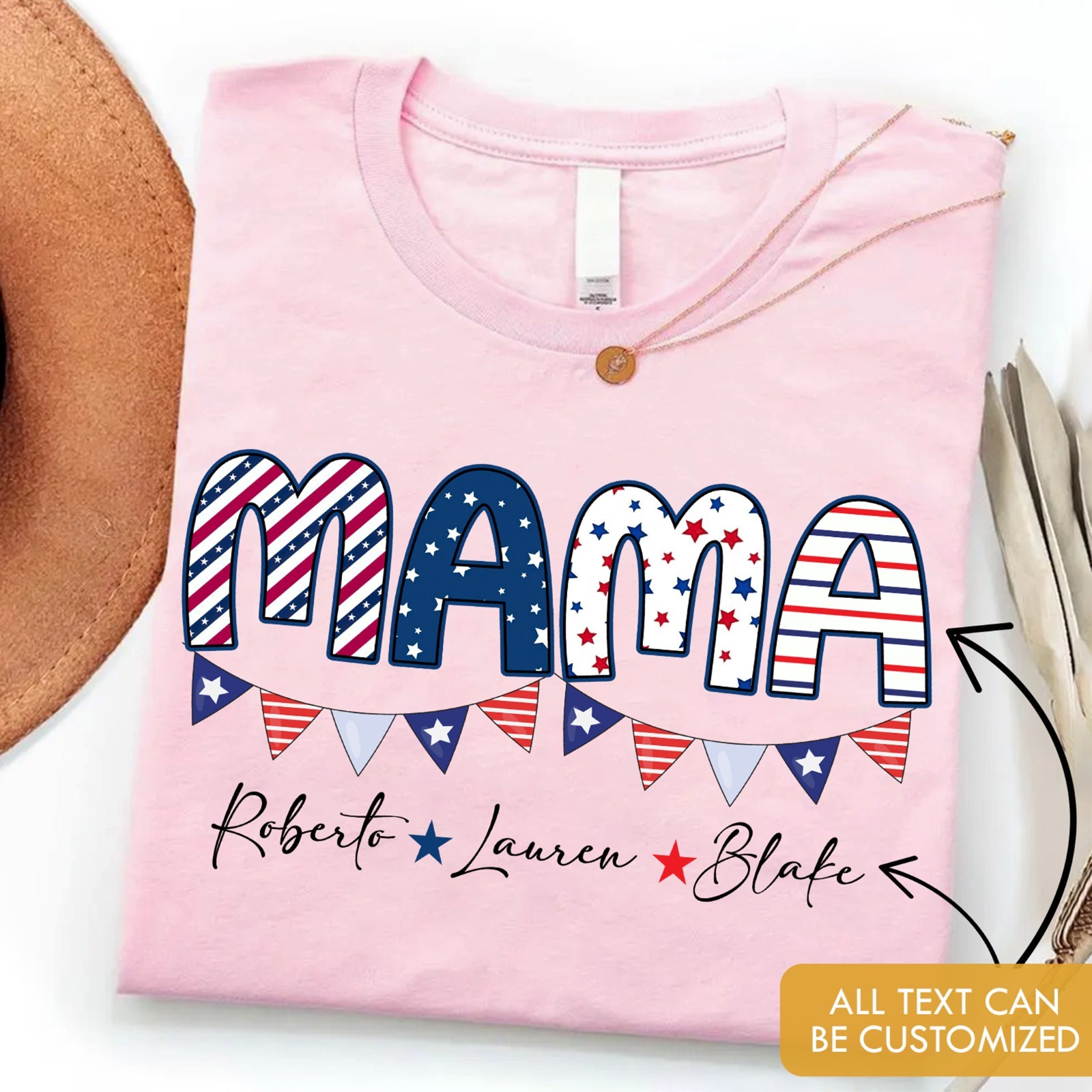Personalized Mama Shirt Kids Name Patriotic Mother Gift 4th of July USA Flag Tee gallery